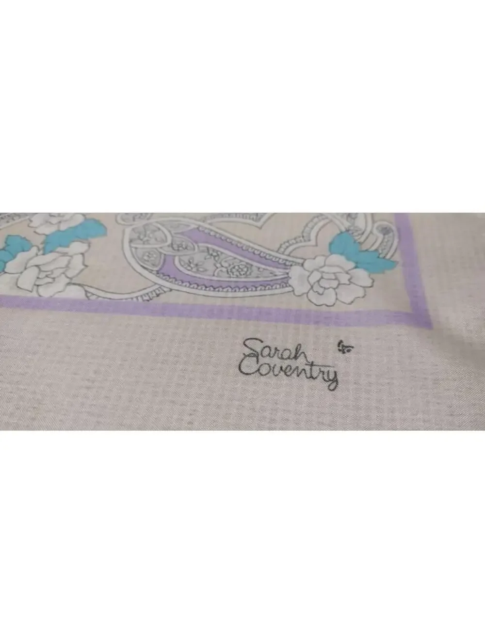Vintage SARAH CONVENTRY Beige Lilac Lavender Scarf Tan 31 x 31 inches Large Wide